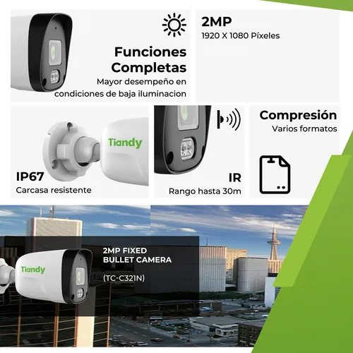 Cámara PoE TC-C321N 2MPX - Fija Exterior/Interior Microfono IP67 Infrarrojo a 30 Metros Tiandy