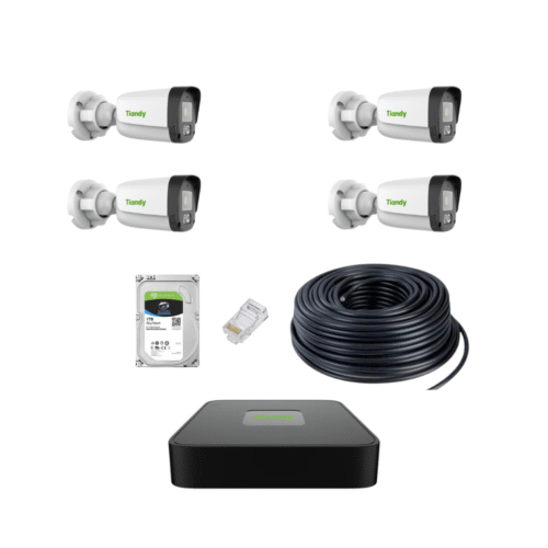 Kit Nvr 4 Canales PoE + 4 Cámaras 2MPX IP PoE + 100 metros Cable UTP 100% Cobre + Disco Rígido 1TB + 40 Fichas RJ45 Cat6E Tiandy