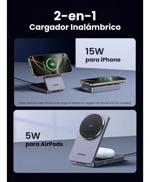 Cargador Magnético 2 en 1 (IPhone + Airpods) 15w Gris Ugreen